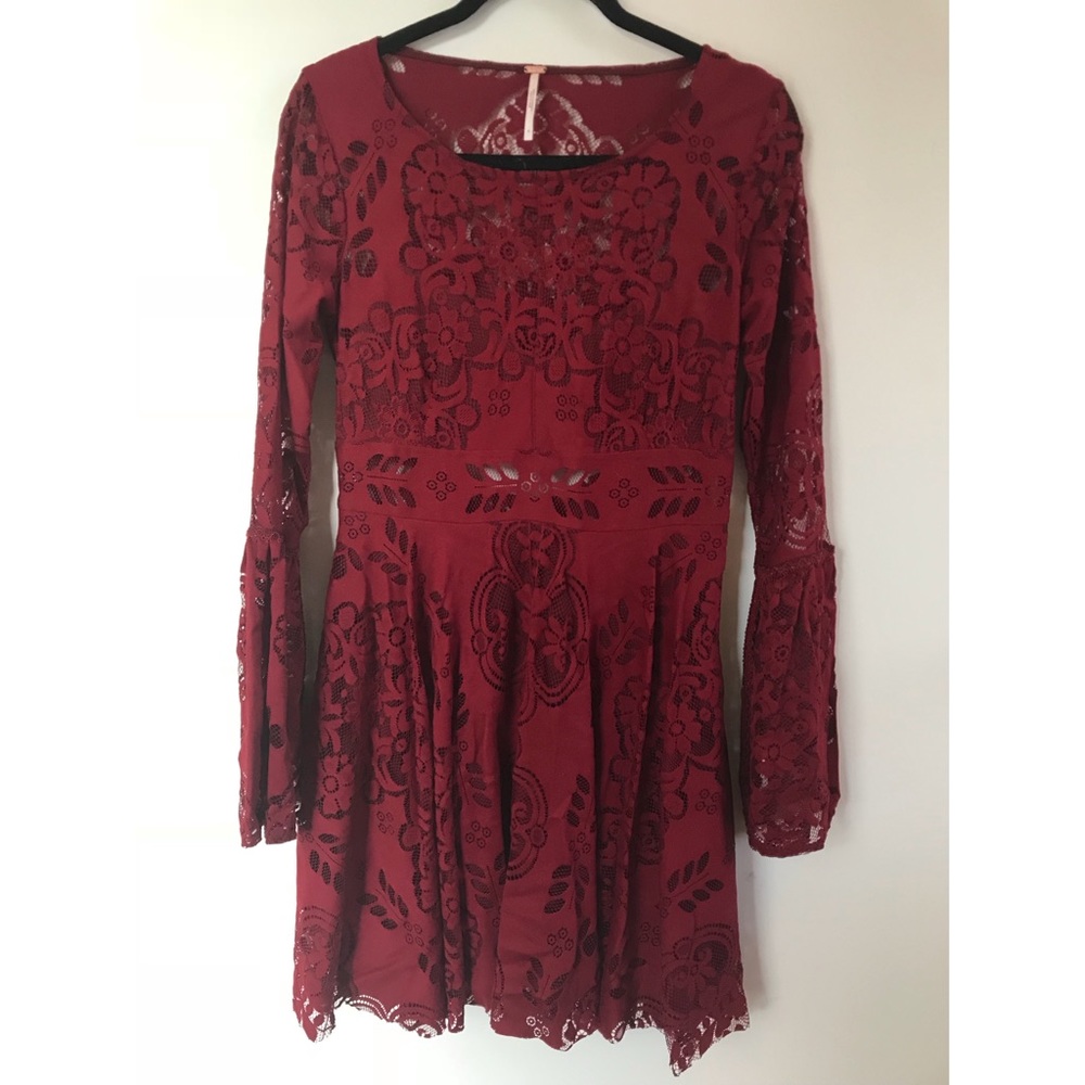 FP Burgundy Lace Dress with Keyhole Back